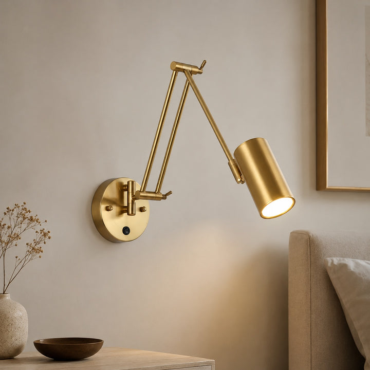 Industrial Wall Light Adjustable Swing Arm Metal Fixture Matte Black and Gold Accents LED