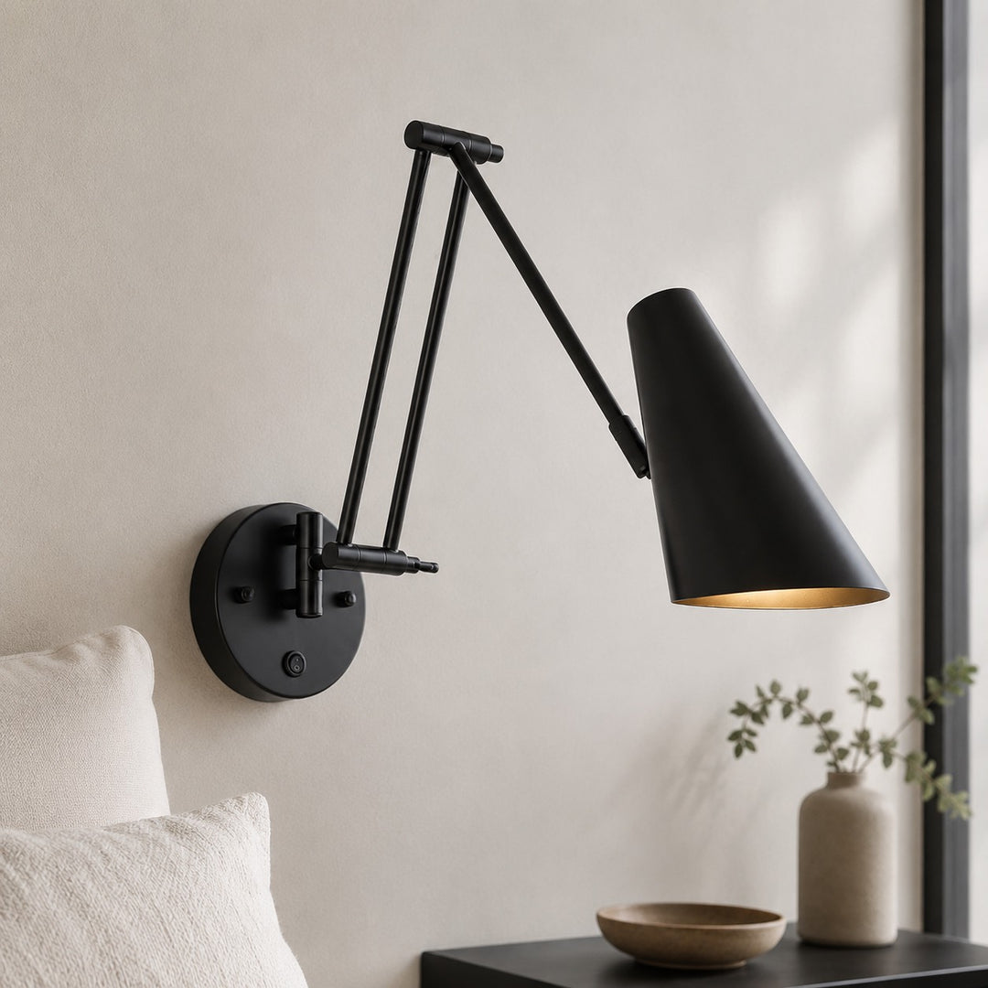 Industrial Wall Light Adjustable Swing Arm Metal Fixture Matte Black and Gold Accents LED