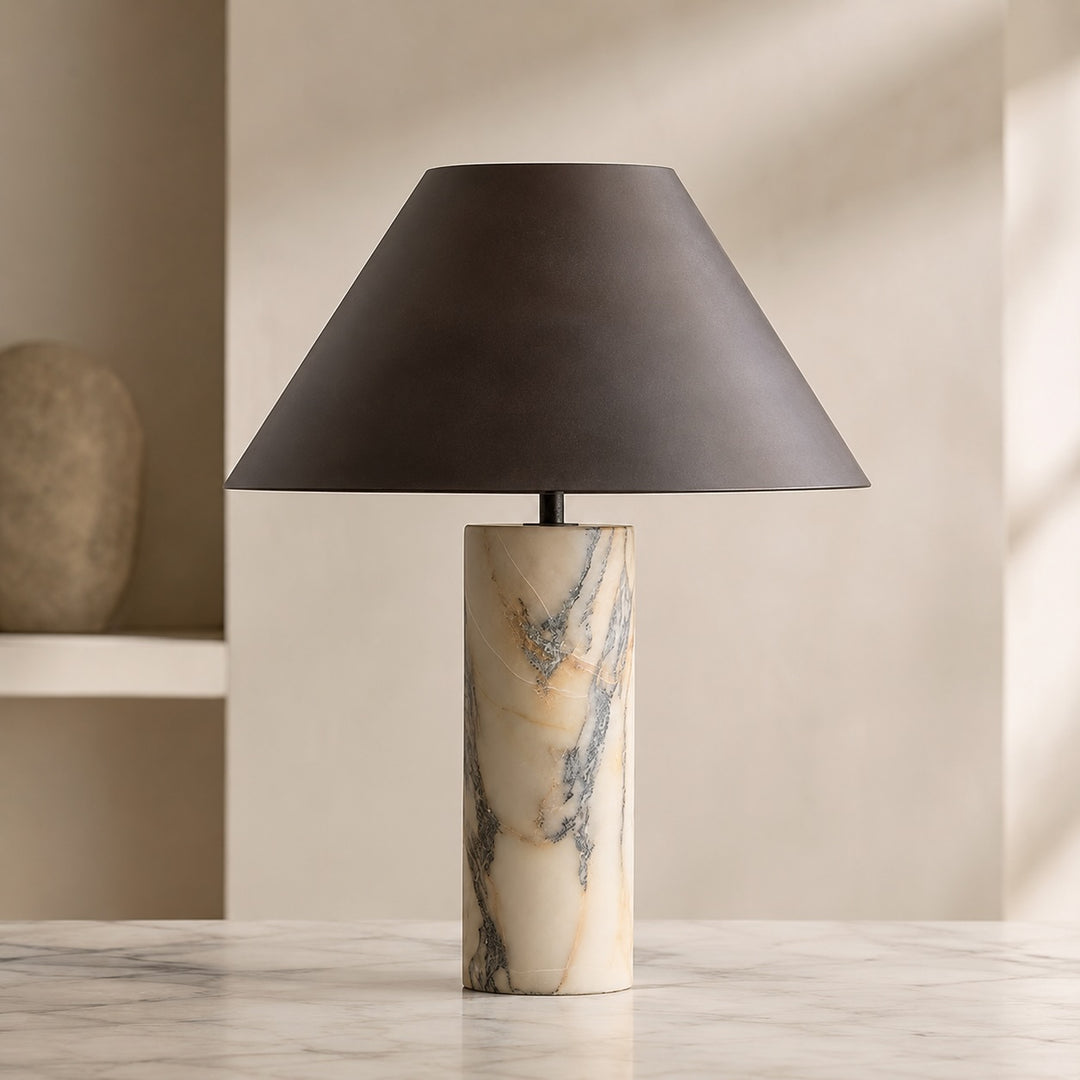 Modern Marble Table Lamp Adjustable Black Fabric Shade LED Compatible for Bedside or Desk