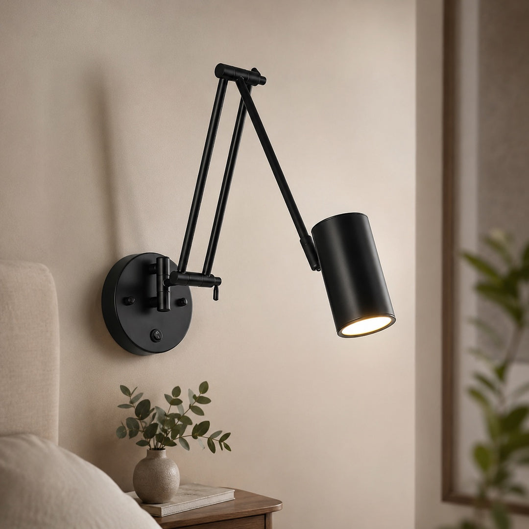 Industrial Wall Light Adjustable Swing Arm Metal Fixture Matte Black and Gold Accents LED