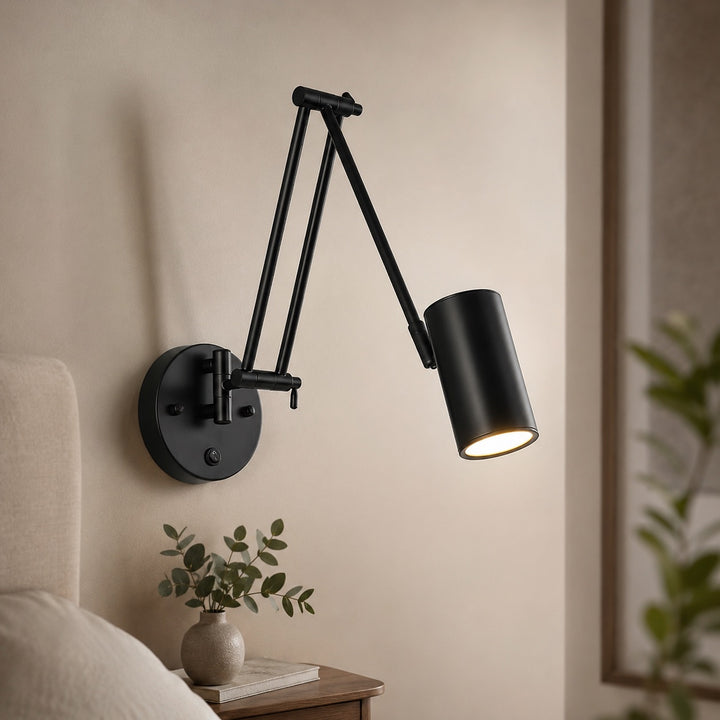 Industrial Wall Light Adjustable Swing Arm Metal Fixture Matte Black and Gold Accents LED