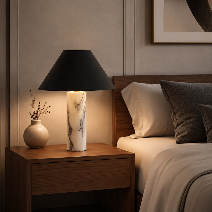 Modern Marble Table Lamp Adjustable Black Fabric Shade LED Compatible for Bedside or Desk