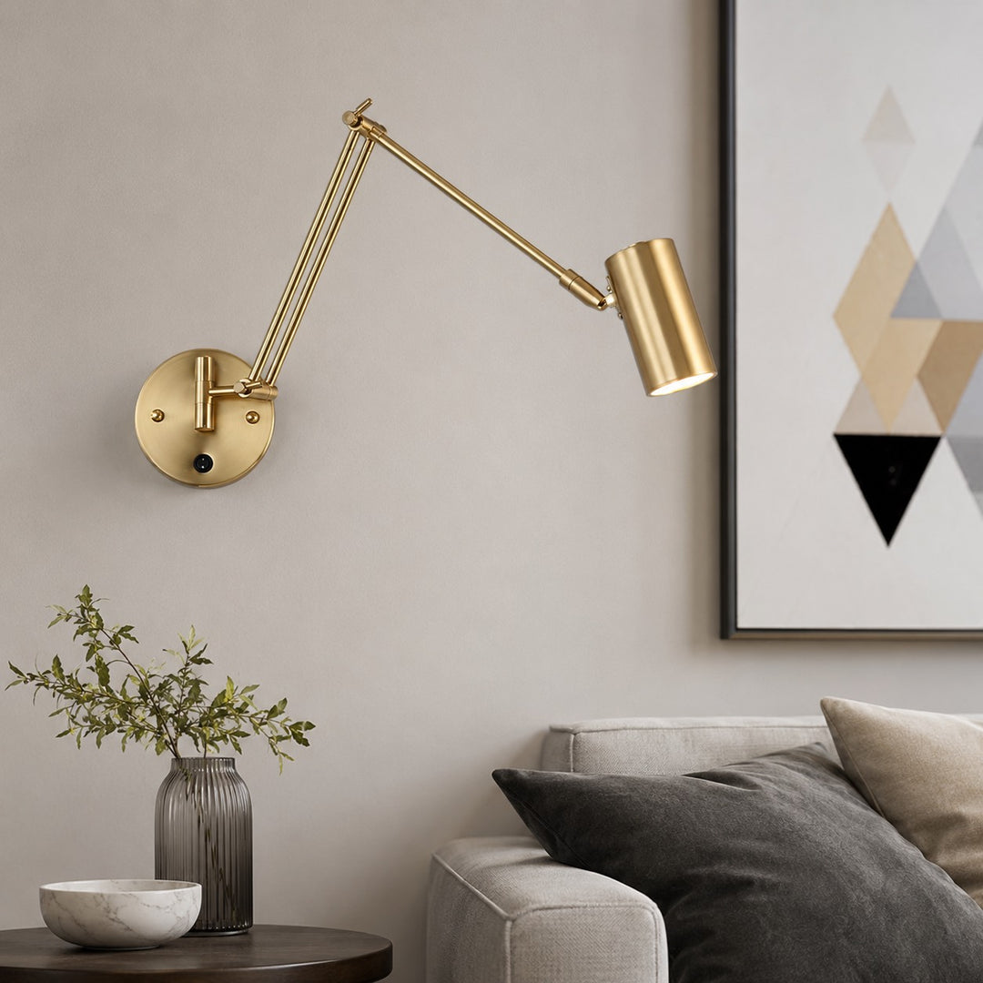 Industrial Wall Light Adjustable Swing Arm Metal Fixture Matte Black and Gold Accents LED