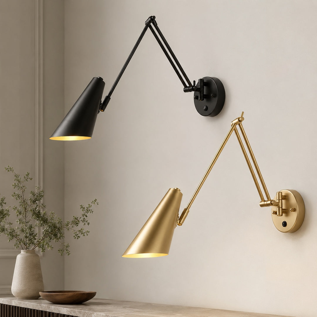 Industrial Wall Light Adjustable Swing Arm Metal Fixture Matte Black and Gold Accents LED