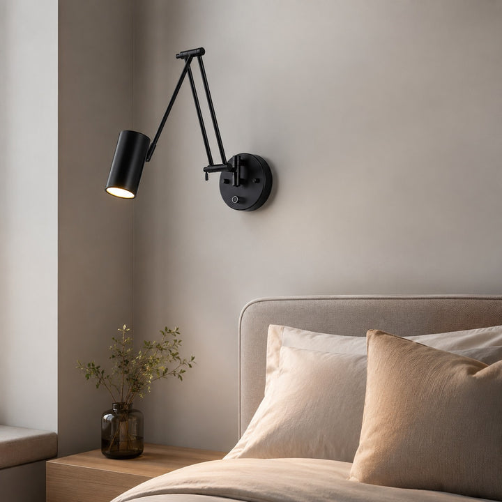 Industrial Wall Light Adjustable Swing Arm Metal Fixture Matte Black and Gold Accents LED