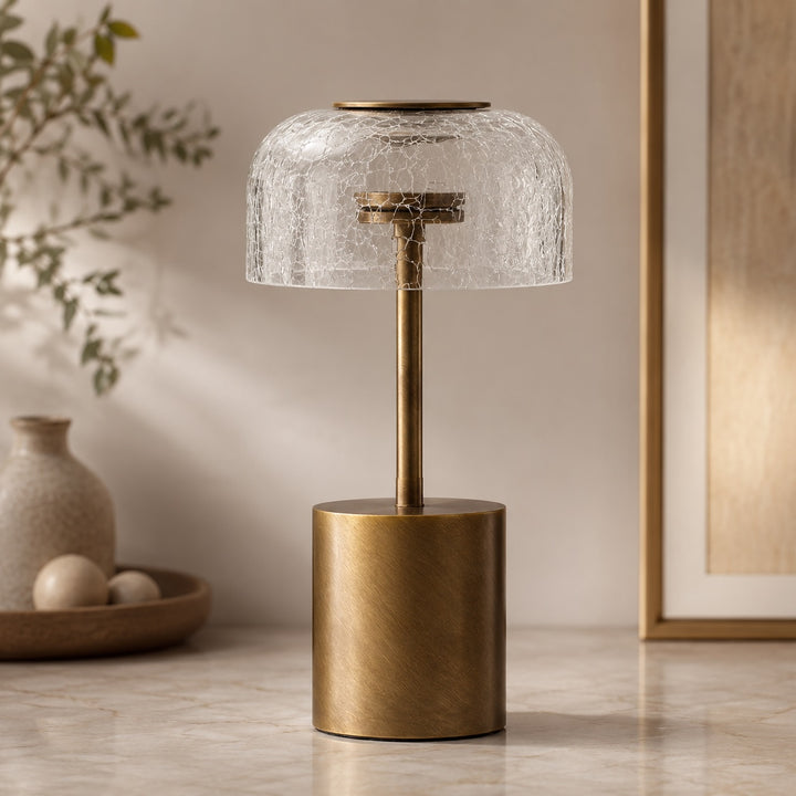 Modern Table Lamp with Cracked Glass Shade Cordless Design Adjustable LED Color Temperature