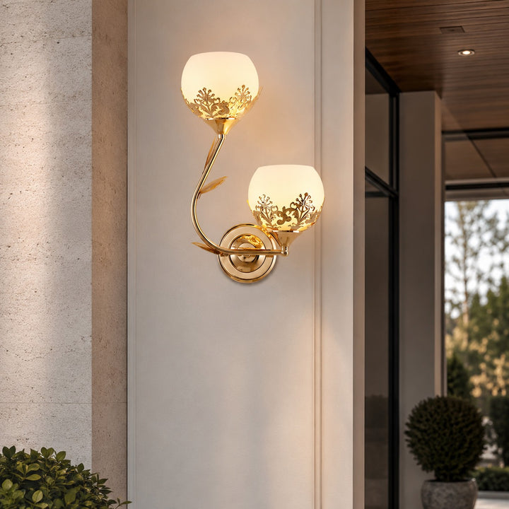 Modern Floral Wall Sconce Dual-Light Wall Mounted Glass Metal LED Fixture for Home Lighting