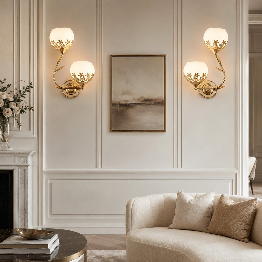 Modern Floral Wall Sconce Dual-Light Wall Mounted Glass Metal LED Fixture for Home Lighting