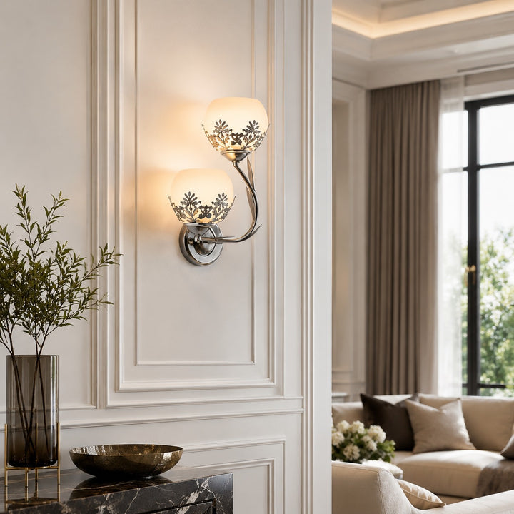 Modern Floral Wall Sconce Dual-Light Wall Mounted Glass Metal LED Fixture for Home Lighting