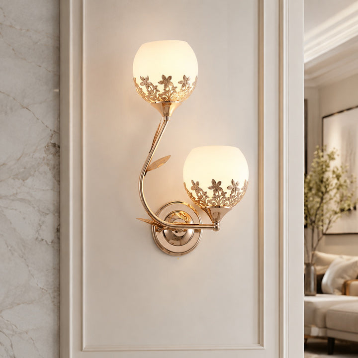 Modern Floral Wall Sconce Dual-Light Wall Mounted Glass Metal LED Fixture for Home Lighting