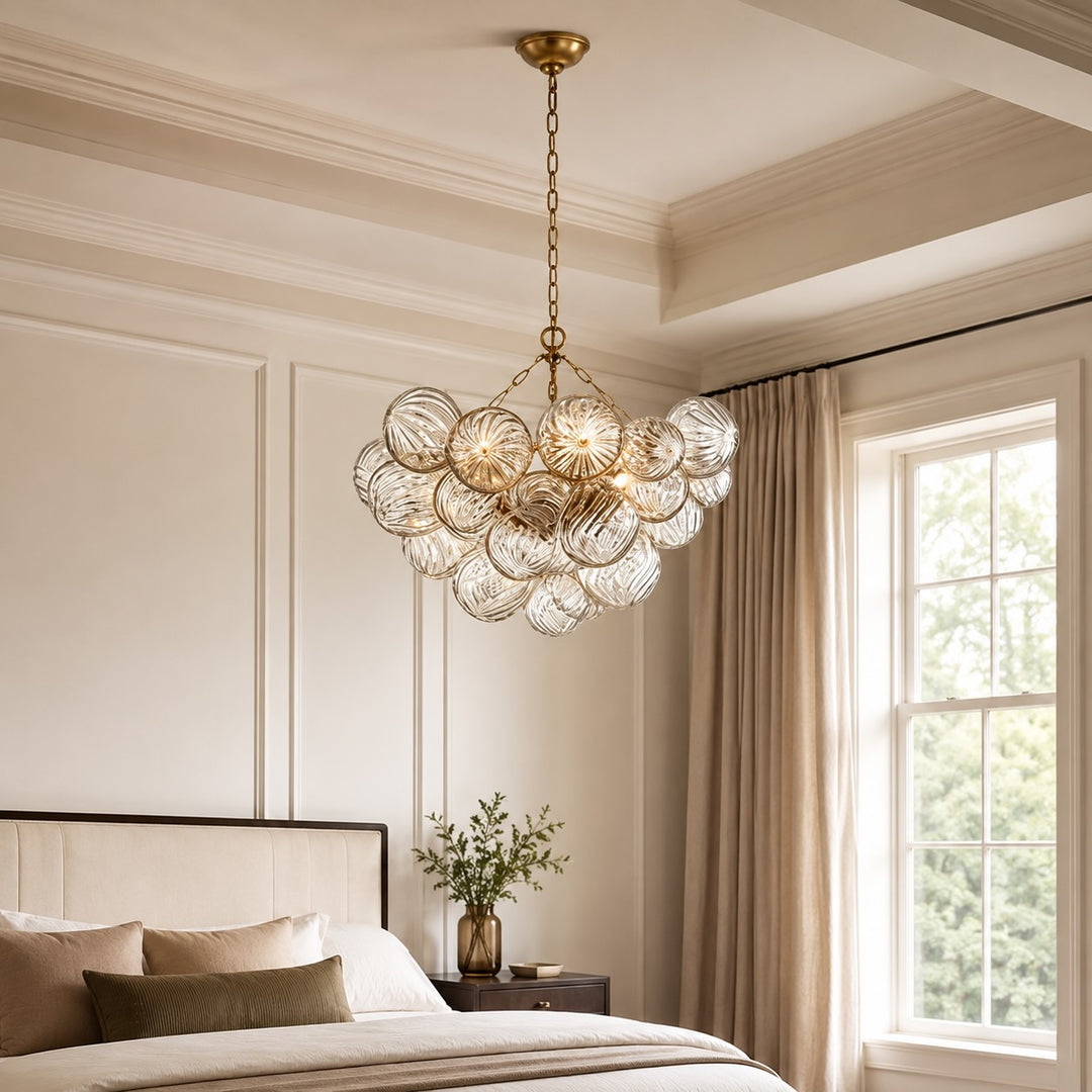Modern Glass Chandelier Light Adjustable Hanging Copper Frame Warm White Bulbs 4-Head 10-Head