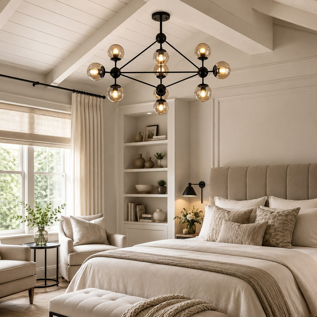 Modern Chandelier Hanging Light Fixture with Adjustable LED and Black Metal Frame
