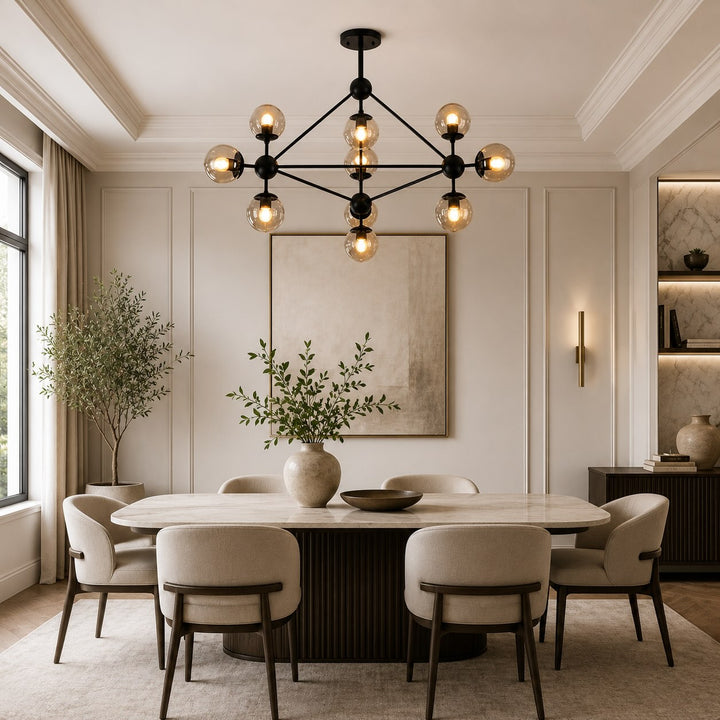 Modern Chandelier Hanging Light Fixture with Adjustable LED and Black Metal Frame
