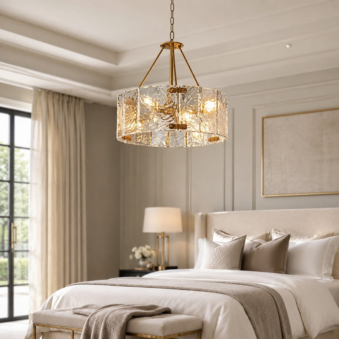 Modern Chandelier Light Adjustable Hanging Copper Frame Ripple Glass 6 or 8 Light Options