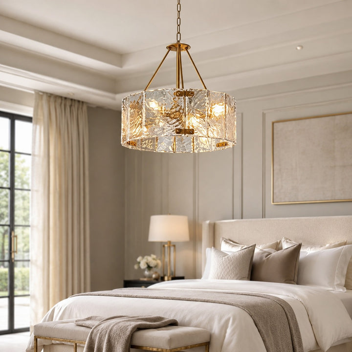 Modern Chandelier Light Adjustable Hanging Copper Frame Ripple Glass 6 or 8 Light Options