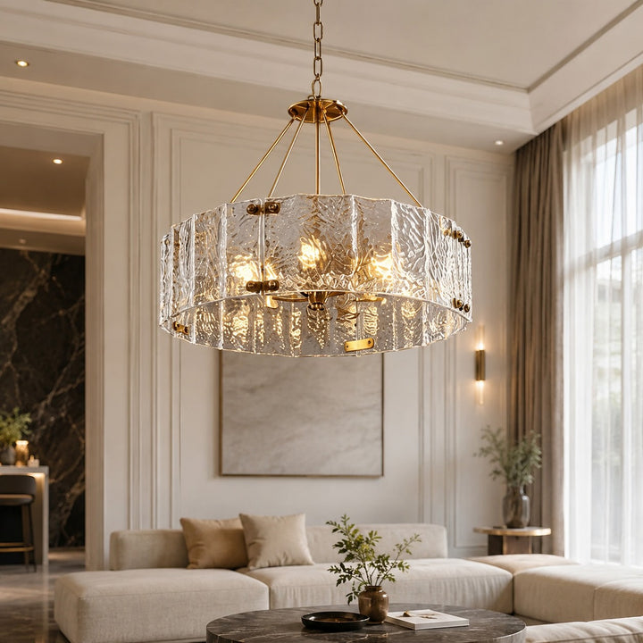 Modern Chandelier Light Adjustable Hanging Copper Frame Ripple Glass 6 or 8 Light Options