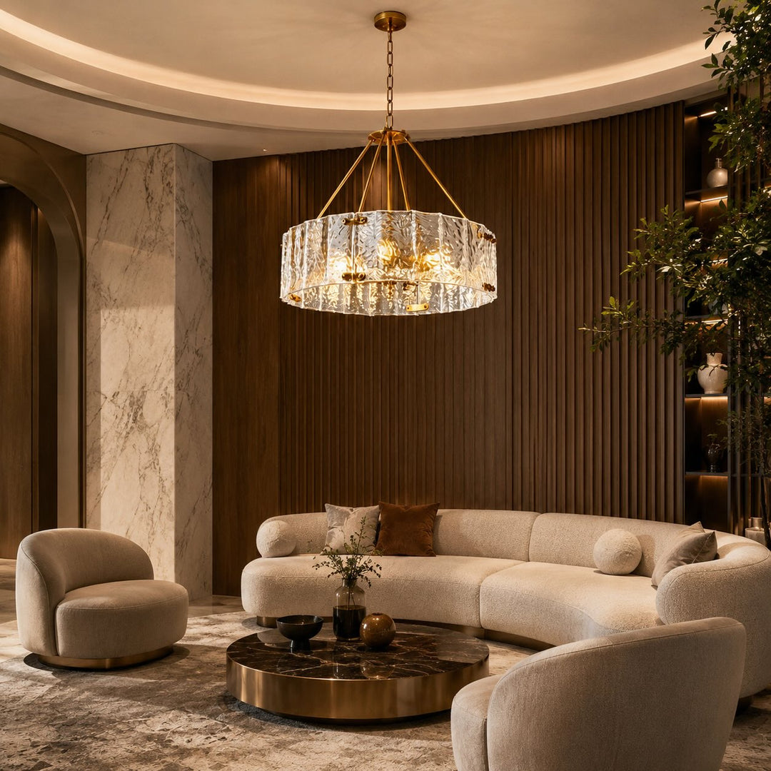Modern Chandelier Light Adjustable Hanging Copper Frame Ripple Glass 6 or 8 Light Options