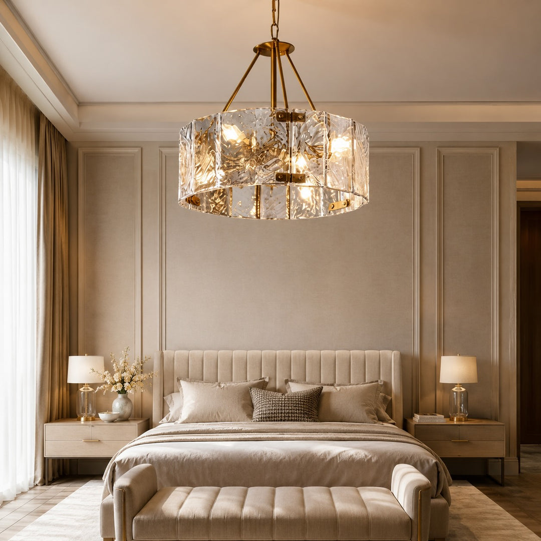 Modern Chandelier Light Adjustable Hanging Copper Frame Ripple Glass 6 or 8 Light Options