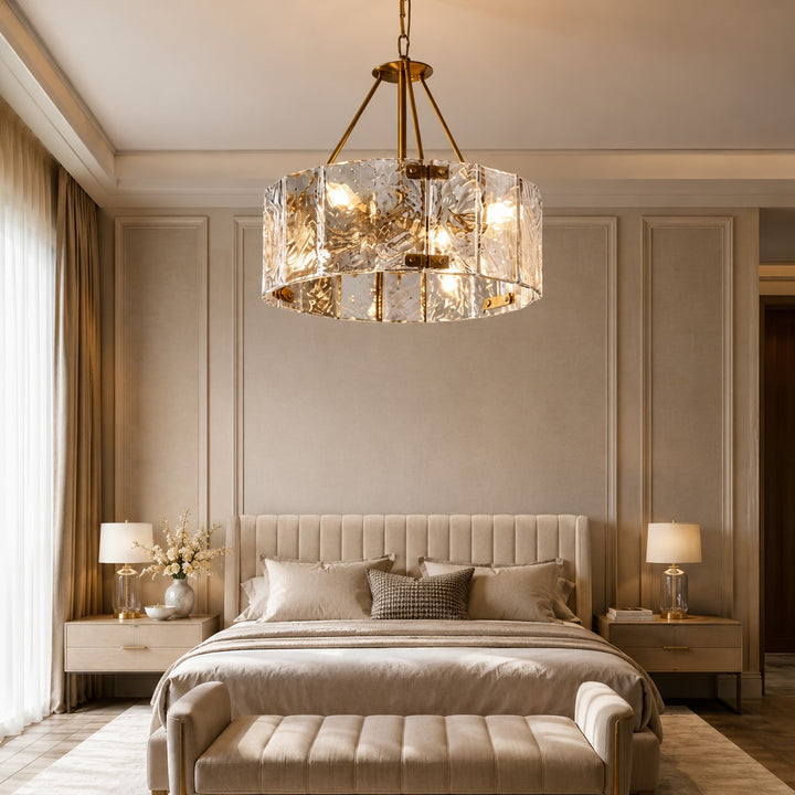 Modern Chandelier Light Adjustable Hanging Copper Frame Ripple Glass 6 or 8 Light Options