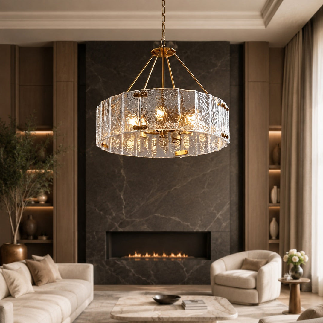Modern Chandelier Light Adjustable Hanging Copper Frame Ripple Glass 6 or 8 Light Options