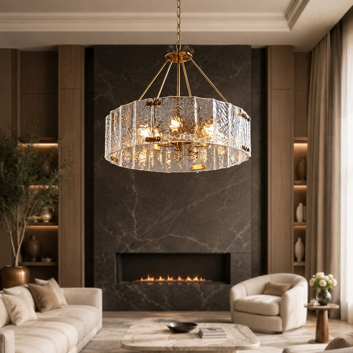 Modern Chandelier Light Adjustable Hanging Copper Frame Ripple Glass 6 or 8 Light Options