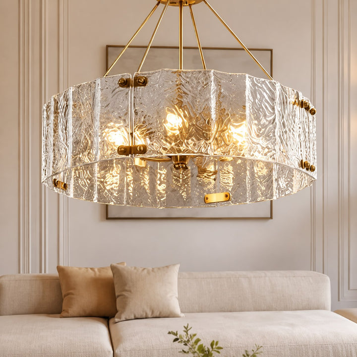 Modern Chandelier Light Adjustable Hanging Copper Frame Ripple Glass 6 or 8 Light Options