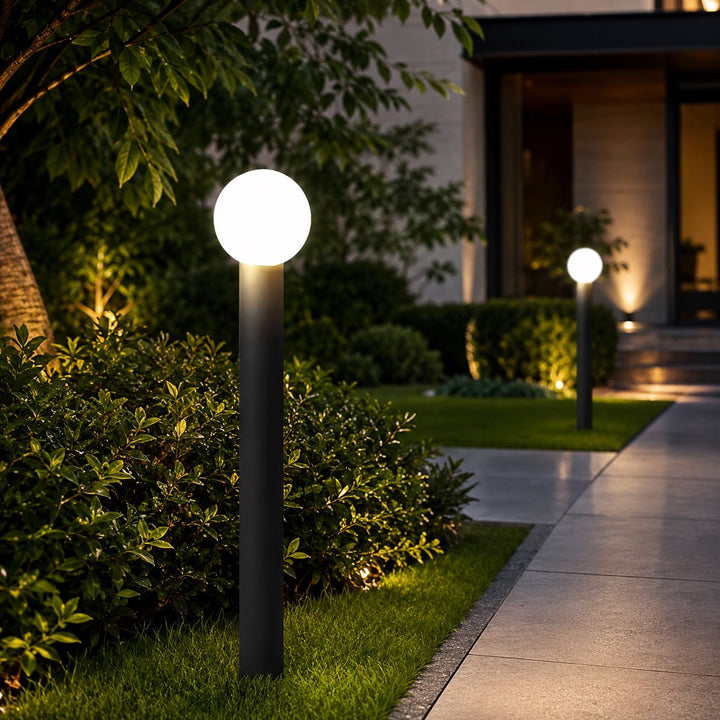 Modern Round Bollard Light LED Waterproof Black Metal Ground Mounted Outdoor Fixture