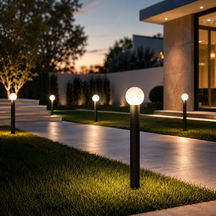 Modern Round Bollard Light LED Waterproof Black Metal Ground Mounted Outdoor Fixture