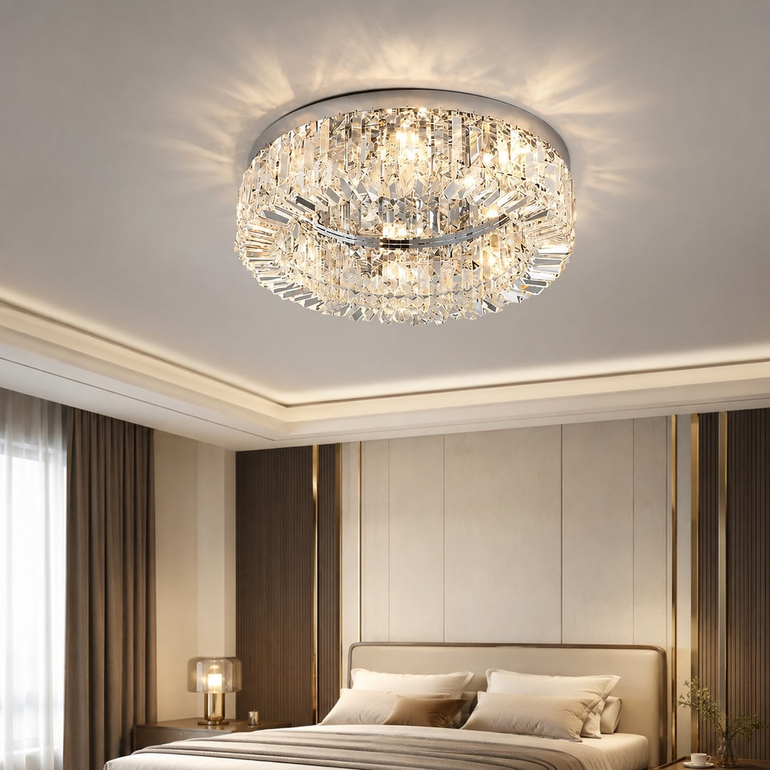 Modern Crystal Flush Mount Ceiling Light Stainless Steel LED Fixture Adjustable Size