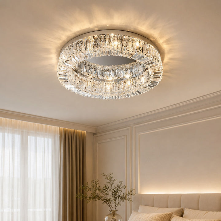 Modern Crystal Flush Mount Ceiling Light Stainless Steel LED Fixture Adjustable Size