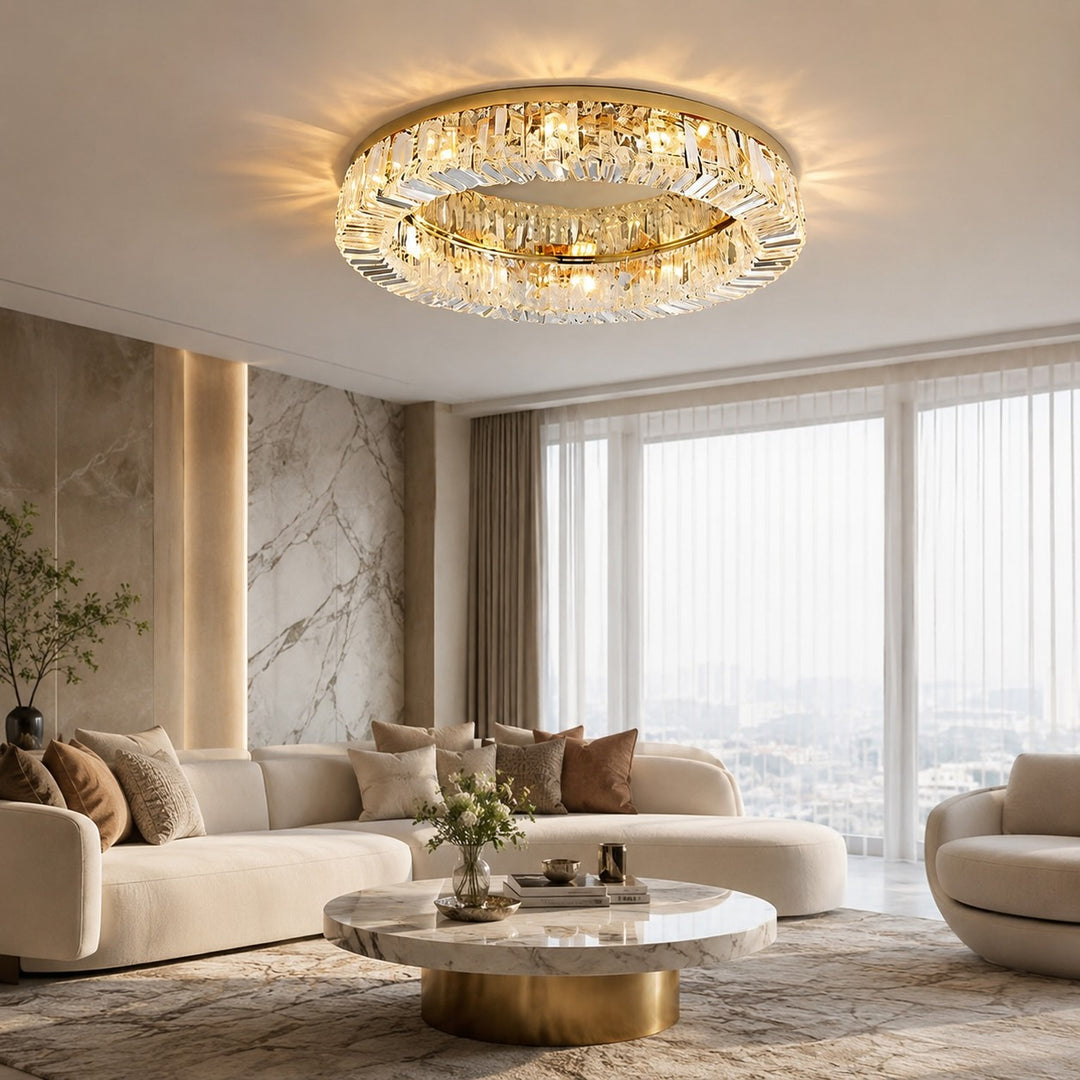 Modern Crystal Flush Mount Ceiling Light Stainless Steel LED Fixture Adjustable Size