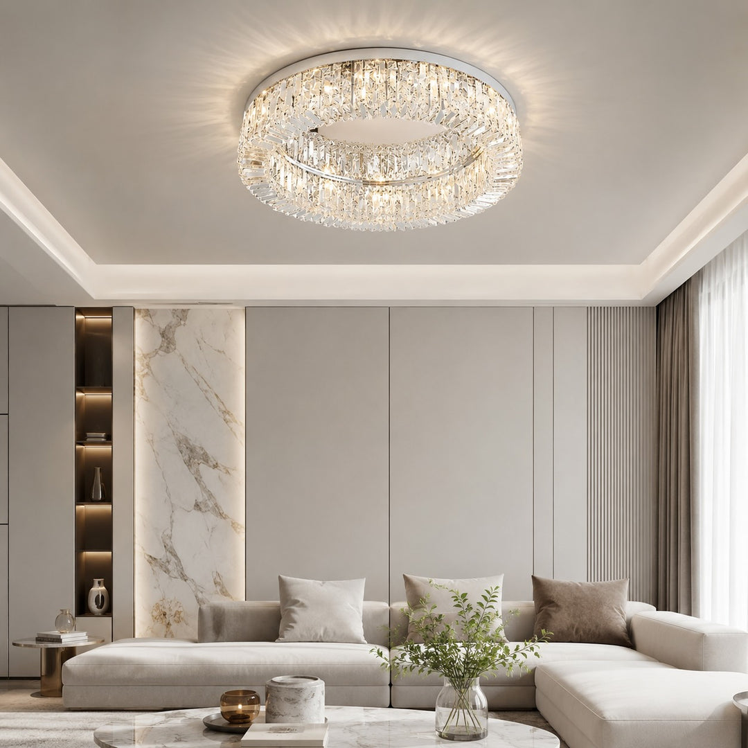 Modern Crystal Flush Mount Ceiling Light Stainless Steel LED Fixture Adjustable Size