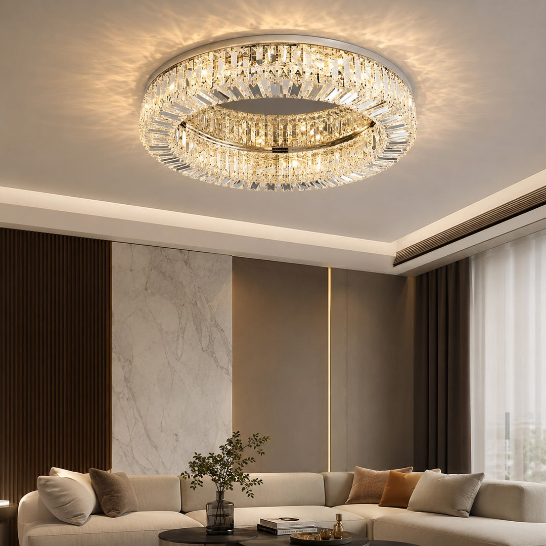 Modern Crystal Flush Mount Ceiling Light Stainless Steel LED Fixture Adjustable Size