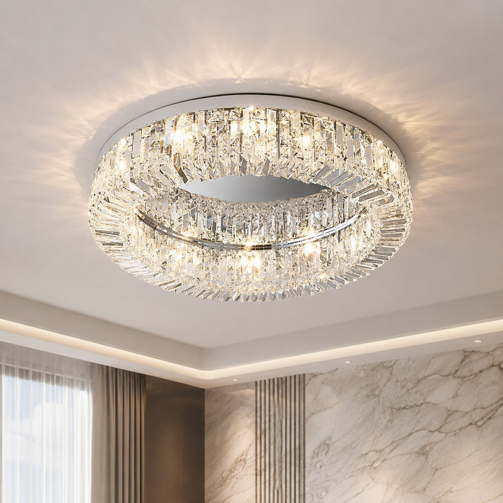 Modern Crystal Flush Mount Ceiling Light Stainless Steel LED Fixture Adjustable Size