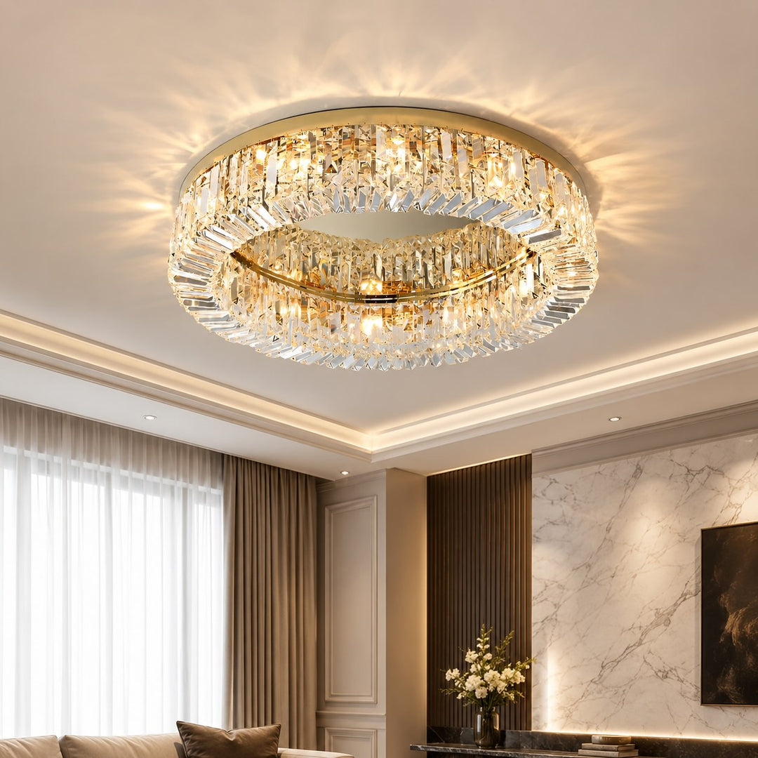 Modern Crystal Flush Mount Ceiling Light Stainless Steel LED Fixture Adjustable Size