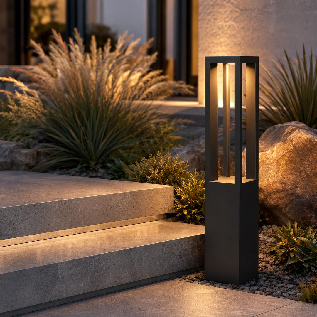 Modern LED Bollard Light Adjustable Height Black Aluminum IP54 Warm White Garden Fixture