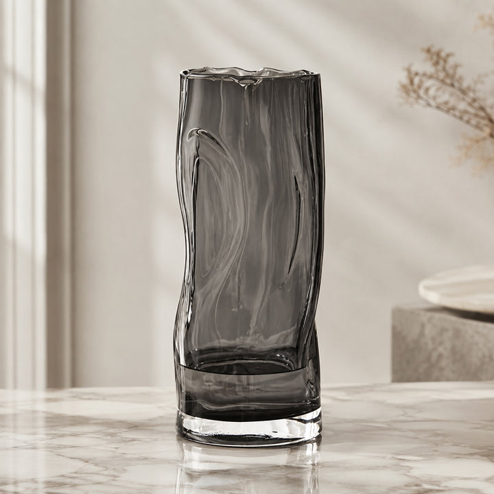Contemporary Large Flower Vase Cylindrical Crystal Glass with Swirls Decorative Home Accent
