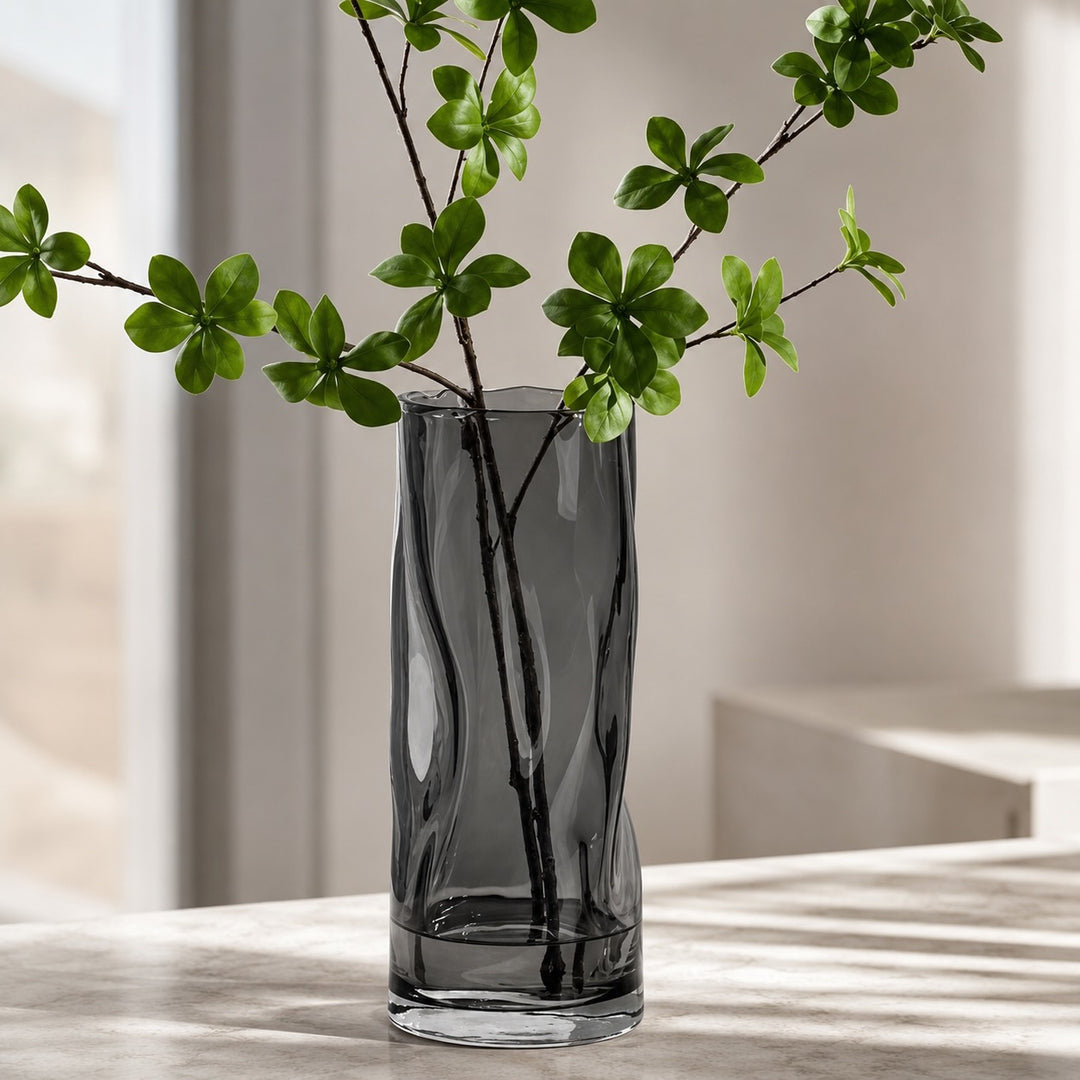 Contemporary Large Flower Vase Cylindrical Crystal Glass with Swirls Decorative Home Accent