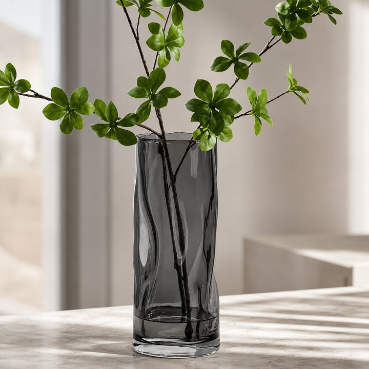 Contemporary Large Flower Vase Cylindrical Crystal Glass with Swirls Decorative Home Accent