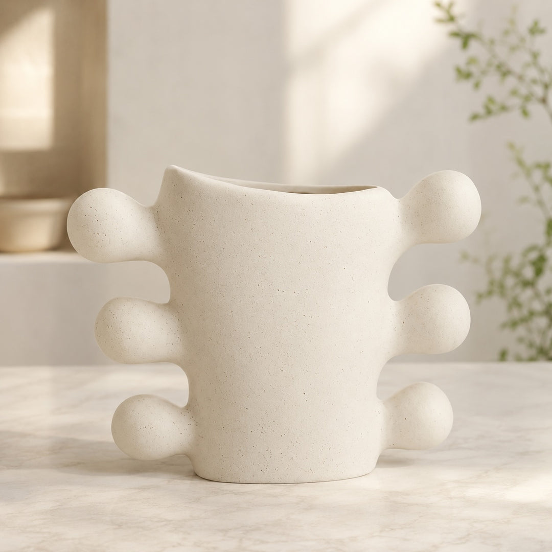 Modern Sculpted Ceramic Vase Cylindrical Base White Ceramic Handcrafted Home Decor