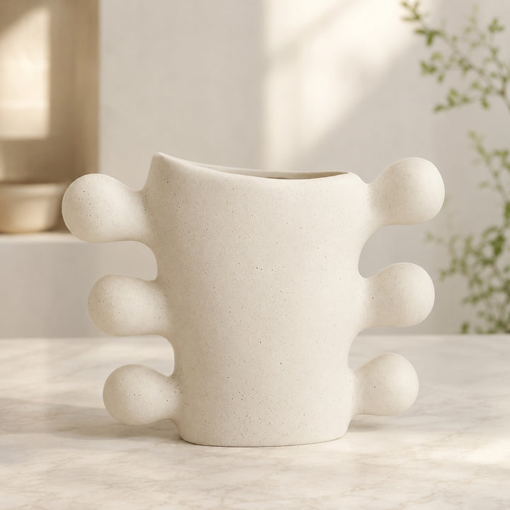 Modern Sculpted Ceramic Vase Cylindrical Base White Ceramic Handcrafted Home Decor
