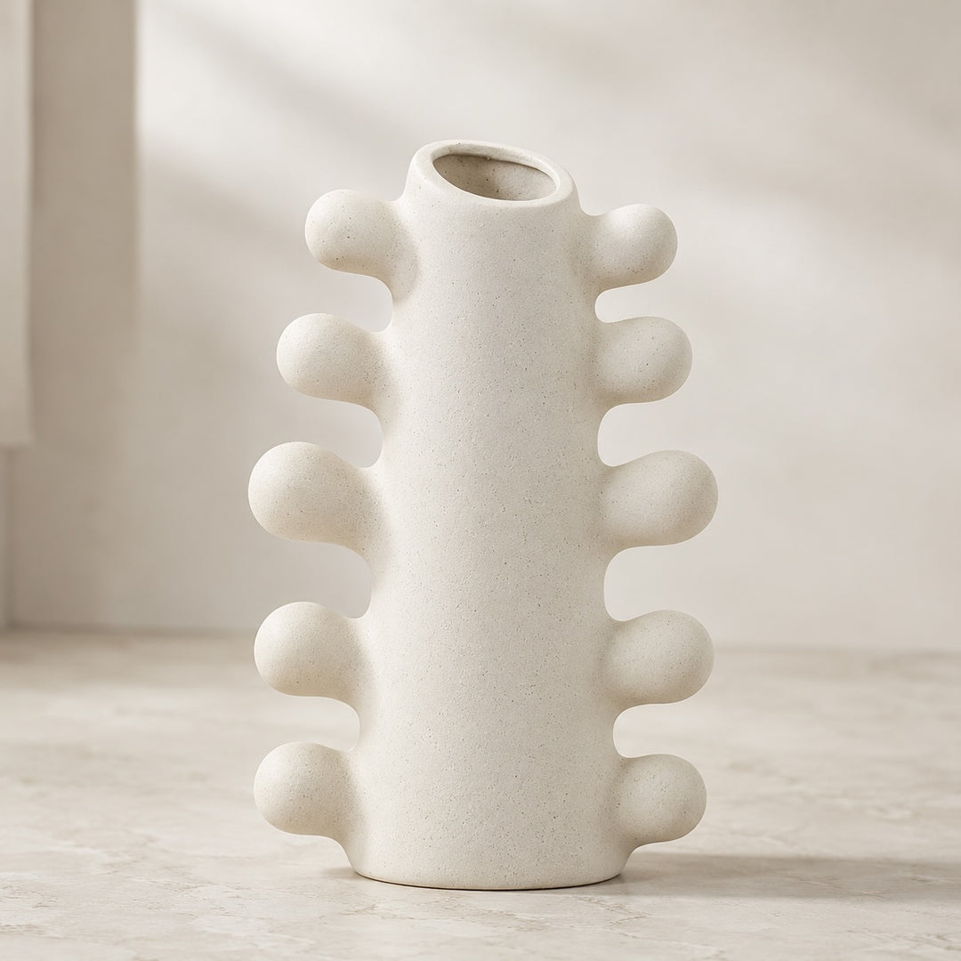 Modern Sculpted Ceramic Vase Cylindrical Base White Ceramic Handcrafted Home Decor