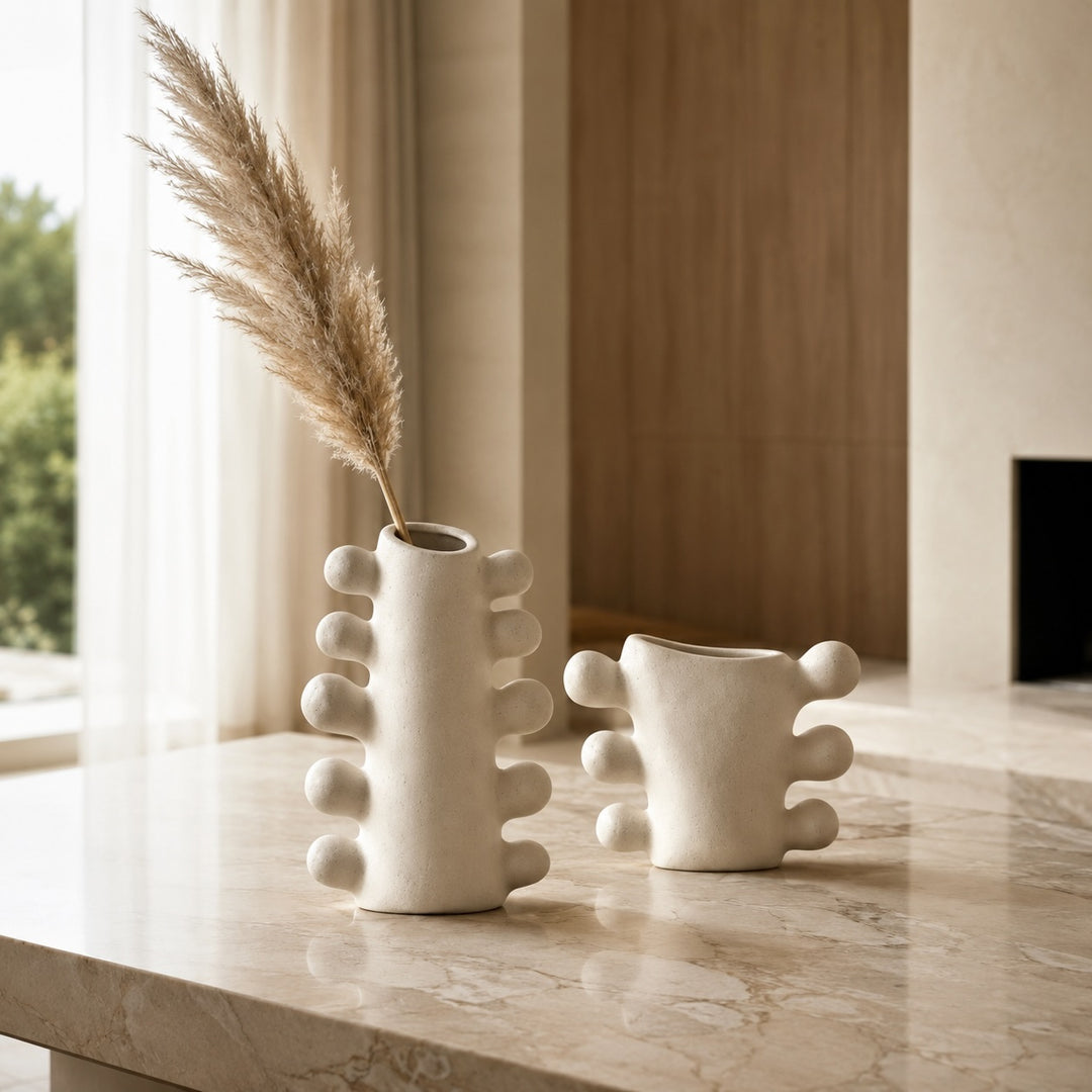 Modern Sculpted Ceramic Vase Cylindrical Base White Ceramic Handcrafted Home Decor