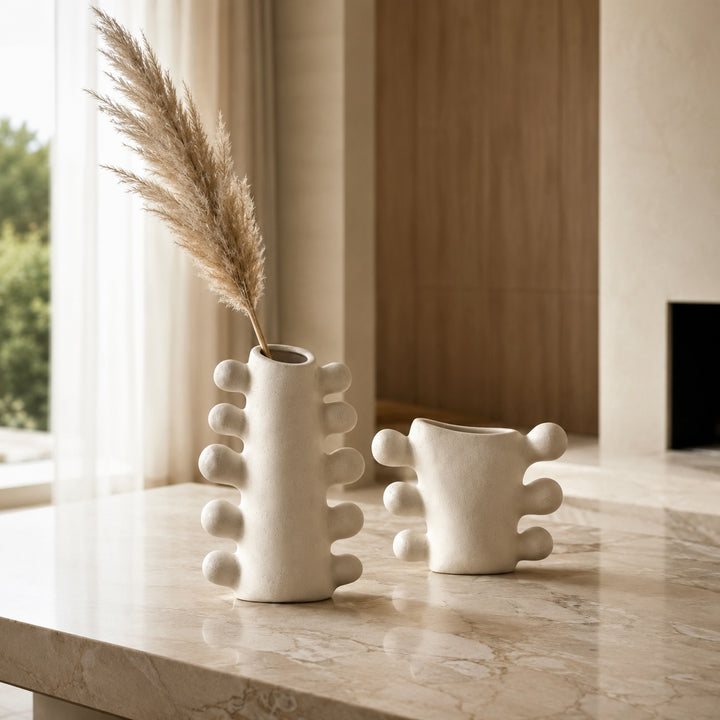 Modern Sculpted Ceramic Vase Cylindrical Base White Ceramic Handcrafted Home Decor