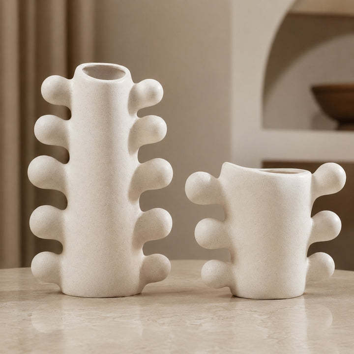 Modern Sculpted Ceramic Vase Cylindrical Base White Ceramic Handcrafted Home Decor
