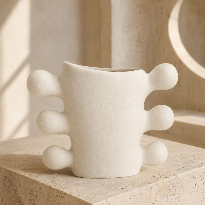 Modern Sculpted Ceramic Vase Cylindrical Base White Ceramic Handcrafted Home Decor