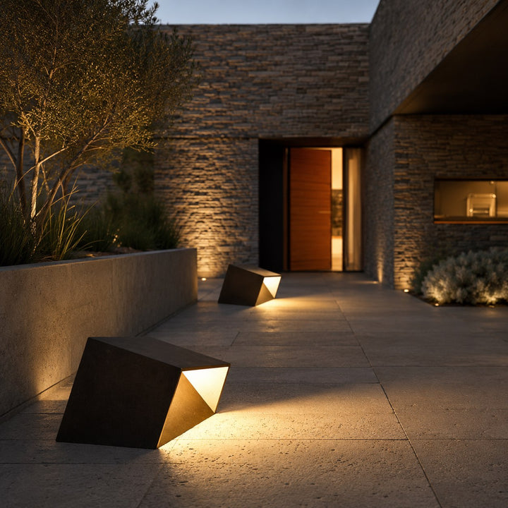 Solar Garden Lights Modern Cube Bollard LED Outdoor Light Stainless Steel Glass IP54 3000K