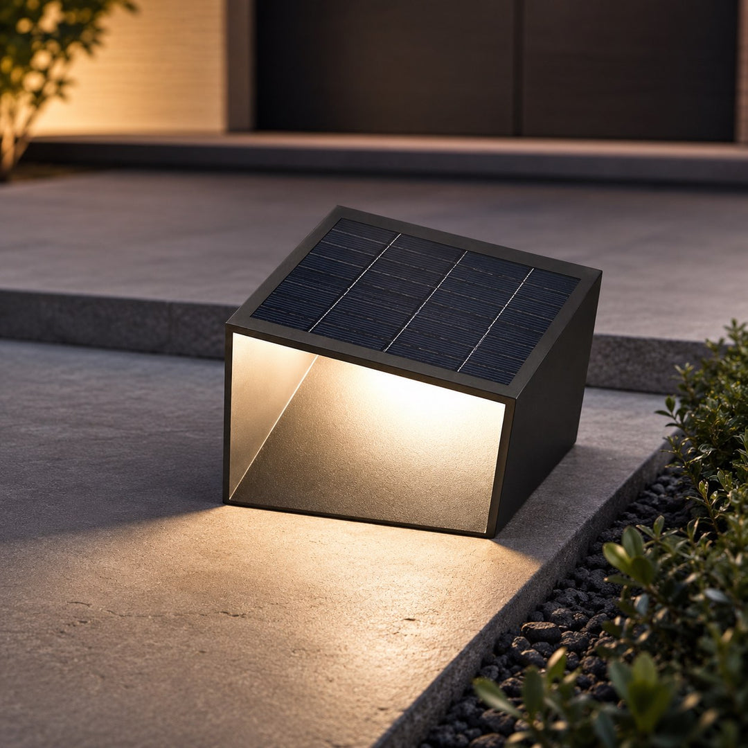 Solar Garden Lights Modern Cube Bollard LED Outdoor Light Stainless Steel Glass IP54 3000K