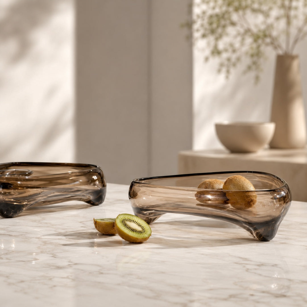 Modern Handblown Glass Decorative Bowl Fluid Design Soft Brown Versatile Centerpiece