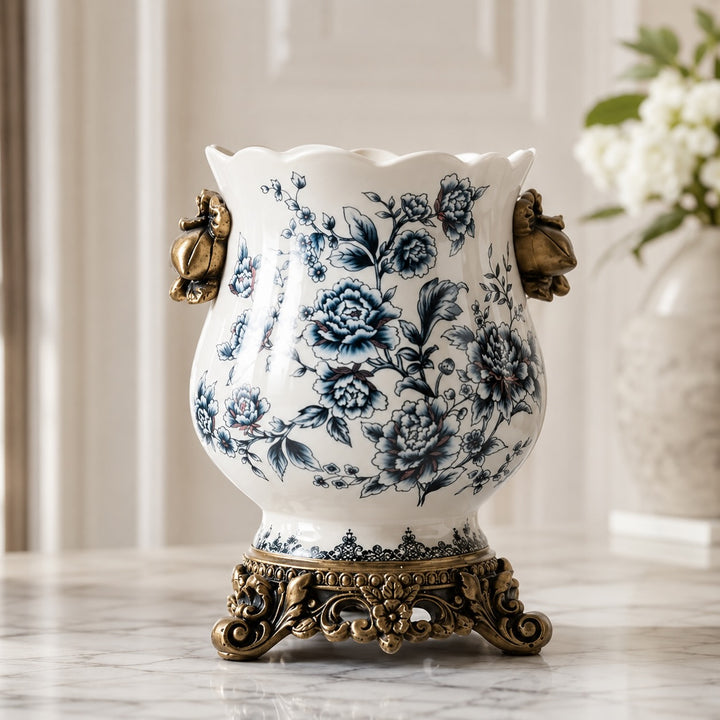 Large White Porcelain Flower Vase with Scalloped Rim and Crackle Glaze for Floral Display